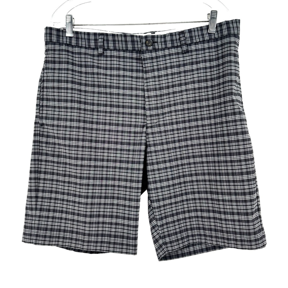 Greg Norma Golf Shorts Mens 36 Black Plaid Activewear Flat Front Stretch Preppy